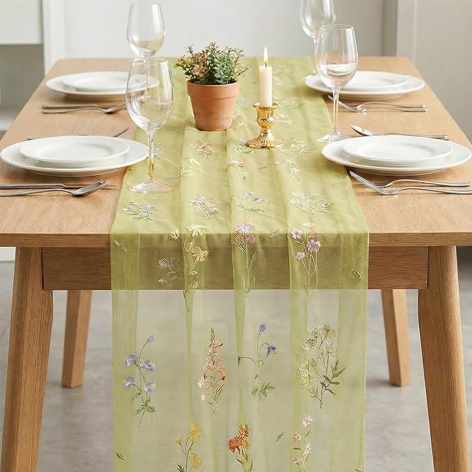 Artoid Mode Wildflower Floral Fern Green Gauze Embroidery Table Runner 120 Inch - Image 3