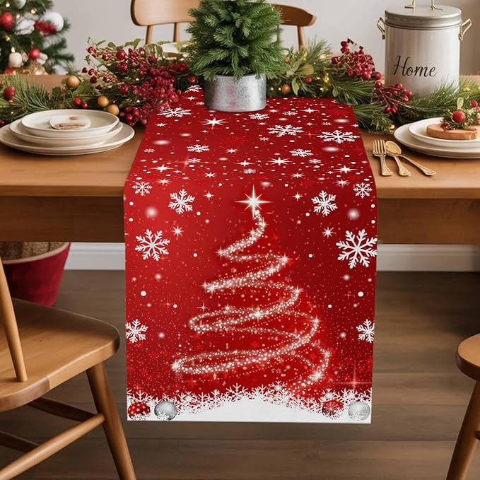 Red Christmas Table Runner 108 Inches Long, Xmas Tree Balls Snowflake Table - Image 2