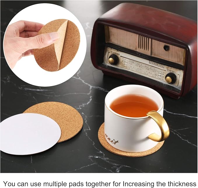 Hotop 60 Pieces 4 x 4 Self Adhesive Cork Coasters Round Circle Cork Mats | Non - Image 5