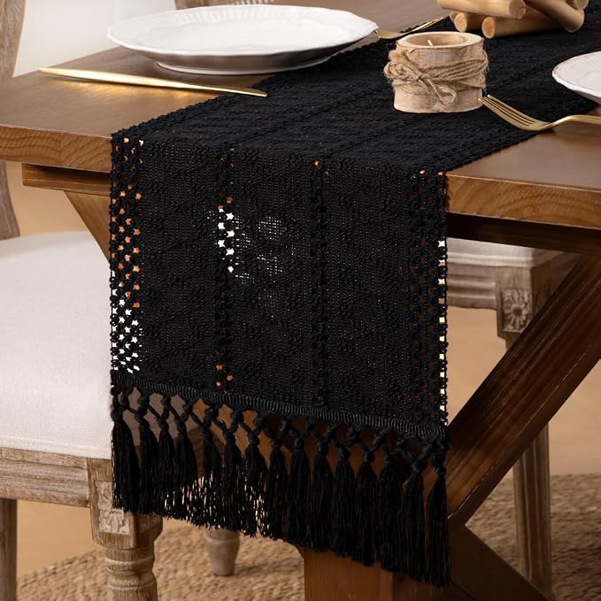 DeZerlor Black Boho Macrame Farmhouse Woven Table Runner 90Inch | Cotton Linen - Image 6