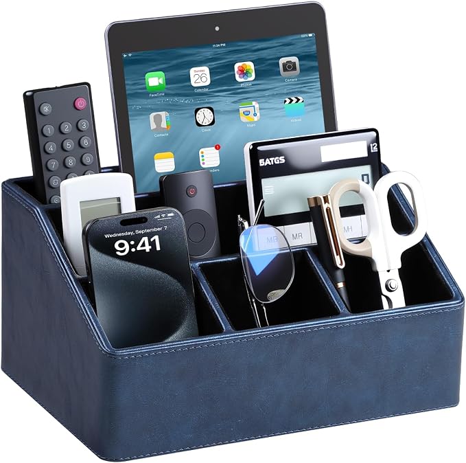 PU Leather Desk Organizer, Remote Control Holder, Dark Blue | Luxury Nightstand by MEIBOOCH