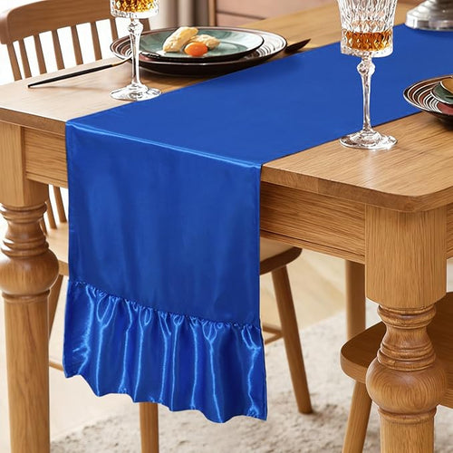 2 Pack Royal Blue Satin Table Runner 12 x 72 Inch | Ruffle Design, Luxurious - Image 2