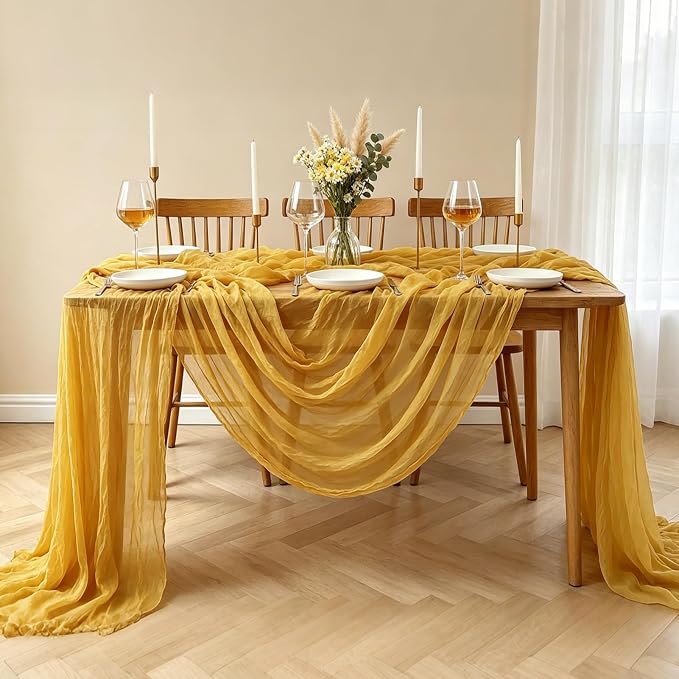 3Pcs Yellow Table Runner, 10FT Rustic Gauze Gold Table Runner 35*120inch Boho - Image 8