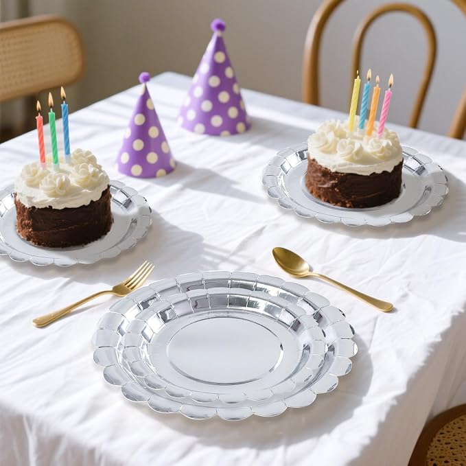 50 Pcs Silver Scalloped Paper Plates 25 × 7'' and 25 × 9'' Disposable Silver - Image 6