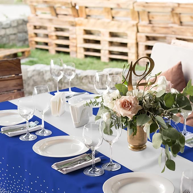 8Pack Disposable Plastic Tablecloths and Satin Table Runner Set Blue and Silver - Image 6
