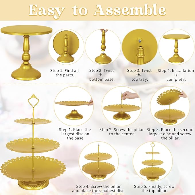 Fivenl 8 Pcs Cake Stand Gold Metal Dessert Table Display Set, 3-Tier Cupcake - Image 6