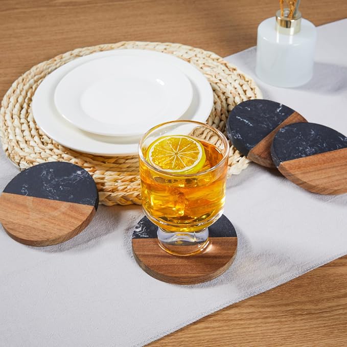 Coasters Set of 4 for Drinks, Marble-Wood Spliced Coaster for Tabletop - Image 3