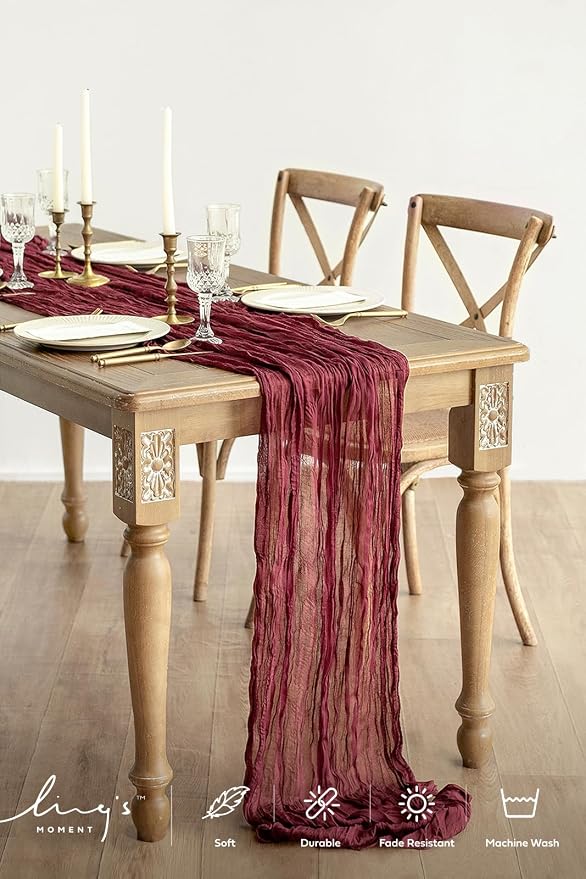 Ling's Moment Dark Red Cheesecloth Table Runner, 120 Inch 10FT | Burgundy Boho - Image 2