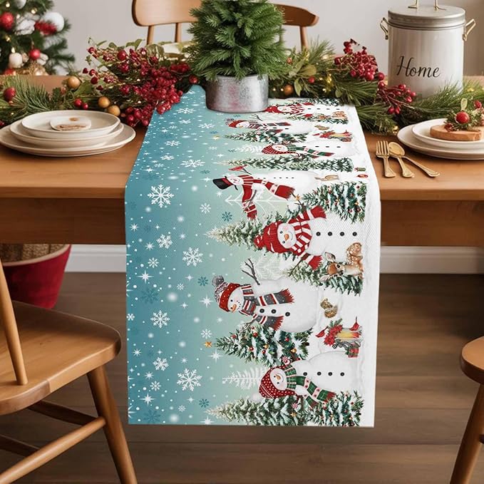 Teal Christmas Snowman Table Runner 36 Inches Long, Xmas Trees Snowflake Table - Image 2