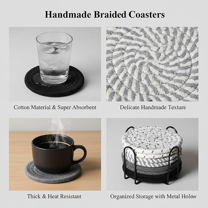 Drink Coasters Set of 8 with Holder, Cotton Woven | Absorbent cotton woven - Image 5