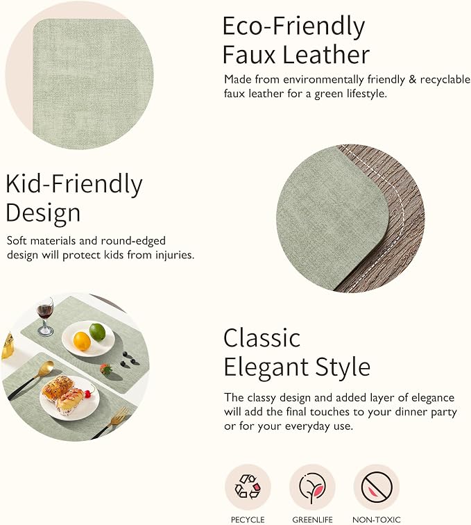 Maxpearl Faux Leather Placemats Set of 4, Light Green | Waterproof - Image 6