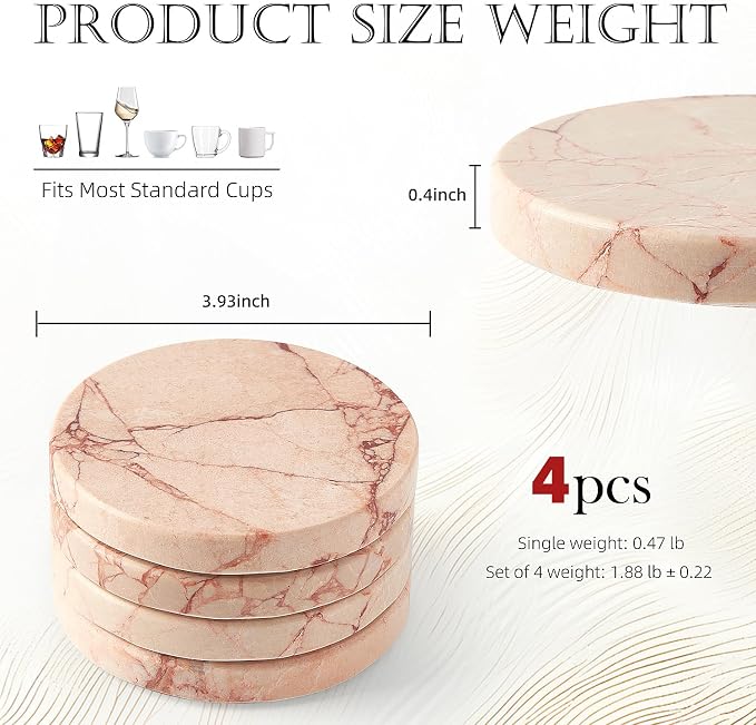 Natural Marble Coaster Set of 4.Round Drinks Coasters, Non-Ceramic/Non-Resin | - Image 2