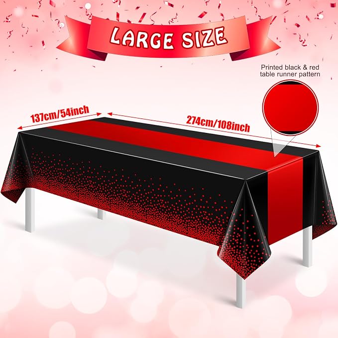 MASHAN 6Pcs Black and Red Tablecloth Party Decorations, Plastic Black Table - Image 2