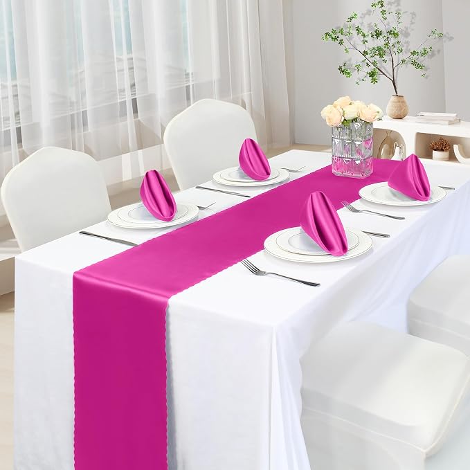 VACVELT Hot Pink Satin Table Runners, 12x72 Inch, 6 Pack, Scalloped Edge | - Image 2