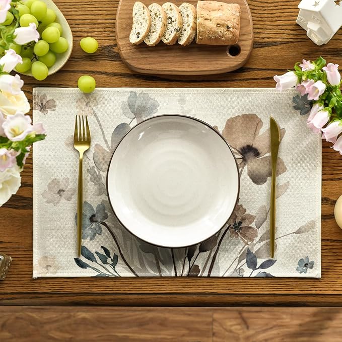 Artoid Mode Brown Poppy Floral Leaves Fall Placemats Set of 4, 12x18 Inch - Image 2