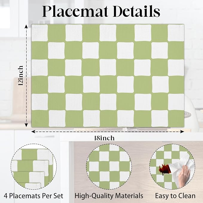 Green and White Check Plaid Placemats Set of 4, Washable Heat Resistant - Image 2
