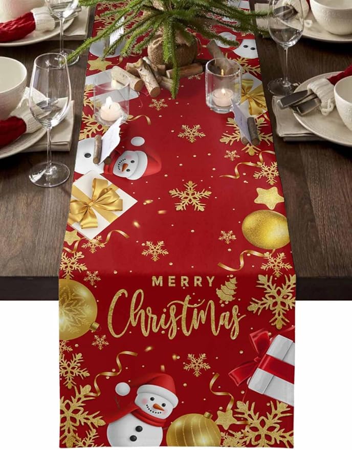 Merry Christmas Table Runner 70 Inches Long, Xmas Balls Snowman Snowflake Table by Unknown