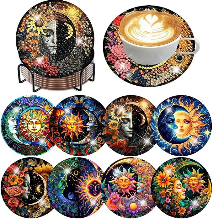 ijbnhd 8 Pcs Sun & Moon Diamond Art Coasters by ijbnhd
