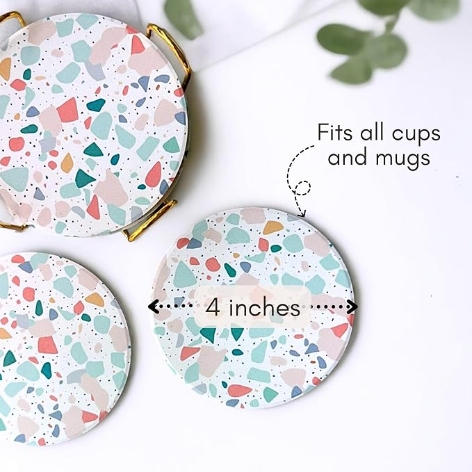 Terrazzo Coasters Set of 6, Colorful Boho Absorbent Ceramic Coasters | Speckled - Image 3
