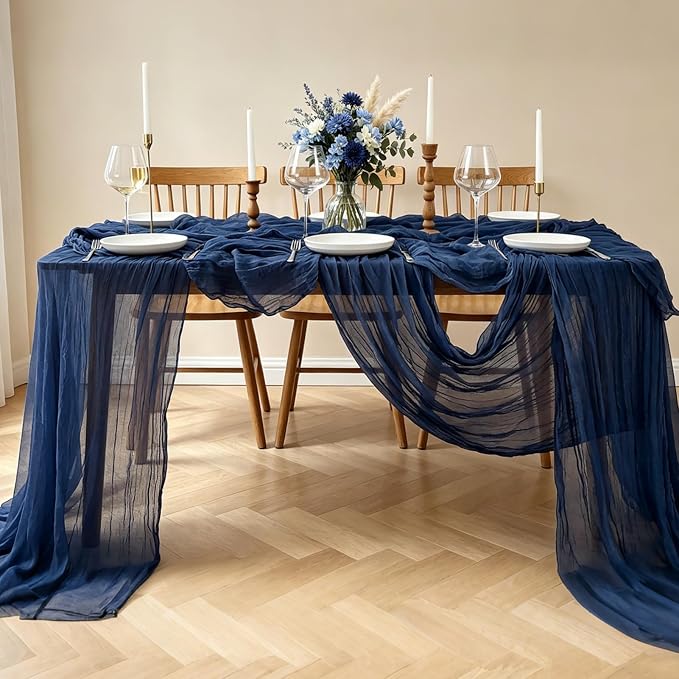 3Pcs Navy Blue Table Runner, 10FT Rustic Gauze Blue Table Runner 35*120inch - Image 7