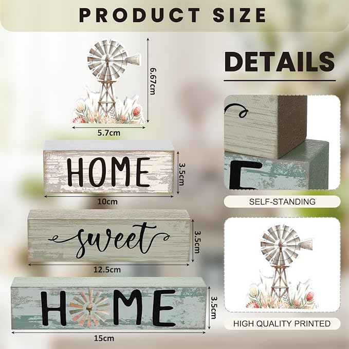 Cinnvoice 4 Pcs Summer Windmill Wooden Block Decor Farmhouse Tiered Tray Signs - Image 3