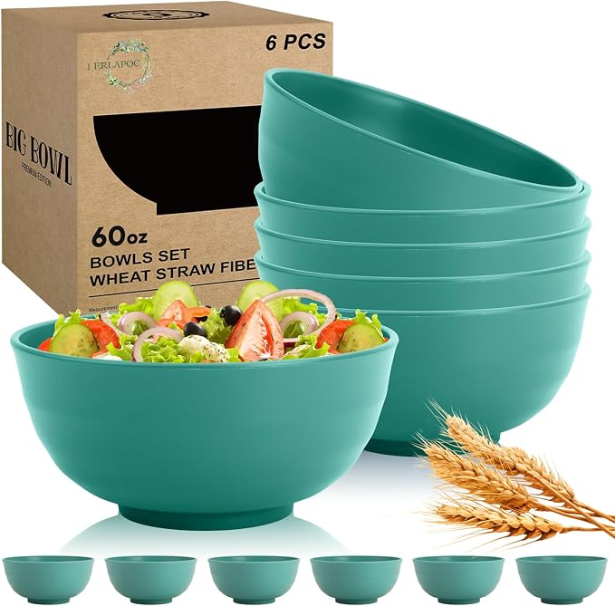 60 OZ Large Salad Bowls, Wheat Straw Camping Bowl Set of 6, Unbreakable Plastic by Perlapoc