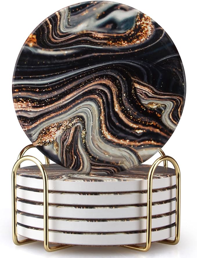 6 Pcs Black and Gold Marble Coasters by Dksyee