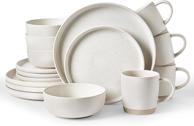 Famiware Milkyway 16-Piece Stoneware Plates and Bowls, Matte Beige White | by Famiware