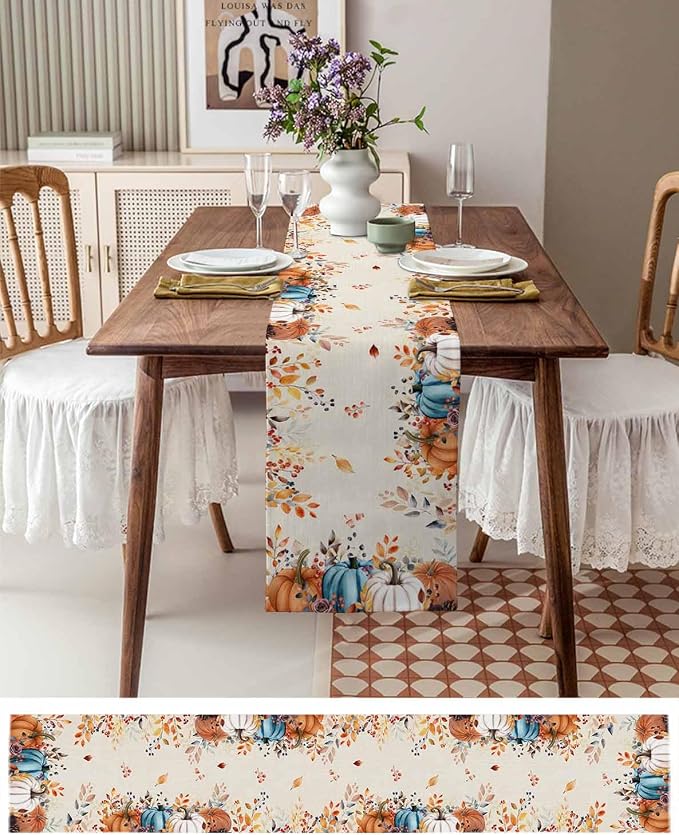 Orange Blue Pumpkin Fall Table Runner 90 Inches Long, Thanksgiving Eucalyptus - Image 4