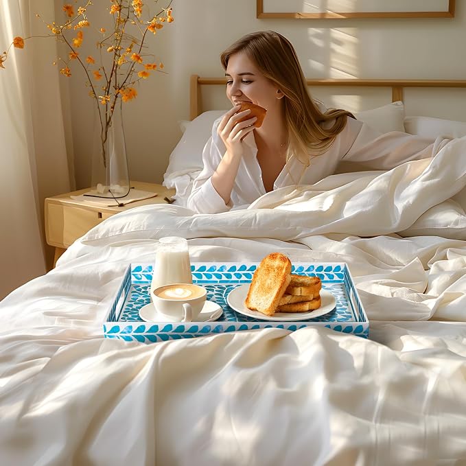 Plastic Serving Tray with Handles, Rectangle Blue Decorative Tray | Coffee - Image 6