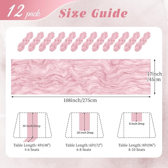 12 Pack Light Pink Cheesecloth Table Runner 17x108 Inch Semi Sheer Boho Gauze - Image 2