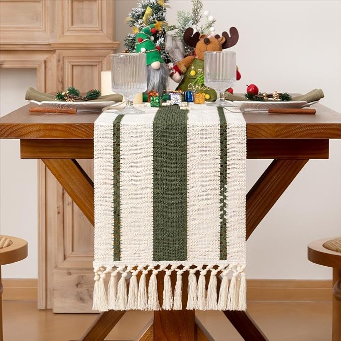 MLMW Boho Table Runner 72 inches Olive Green&Ivory Small Coffee Table Runner - Image 8