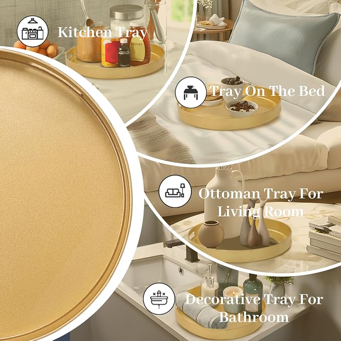 13" Gold Decorative Tray, Plastic Round Serving Tray - Image 7