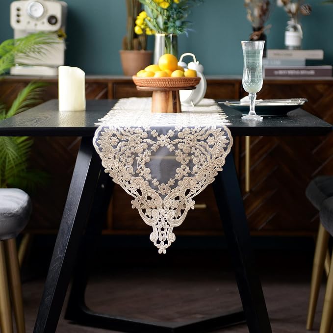 SUTAVIA Lace Table Runner 12"×120" Gold Embroidered Dresser Scarf | Classic - Image 2