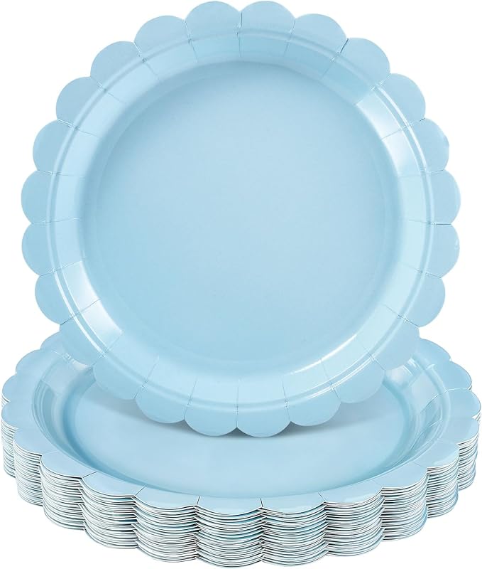 NatNarr 30 Pk Light Blue Plates 9" Disposable Scalloped Blue Paper Plates | by NatNarr