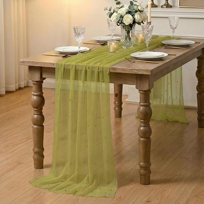 Artoid Mode Pearl Olive Green Gauze Table Runner 120 Inch 10FT, Seasonal Sheer - Image 6