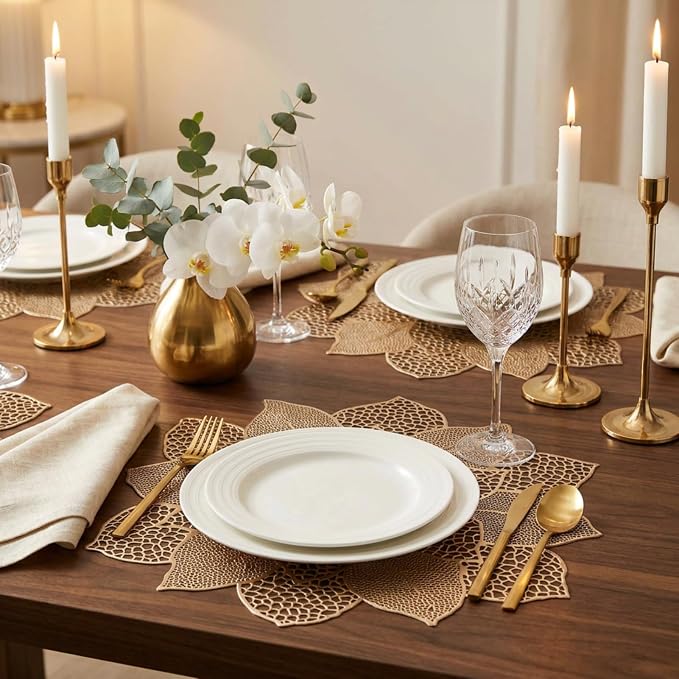 Gold Round Placemats for Dining Table Set of 6 Pressed Vinyl Metallic | 18in - Image 5
