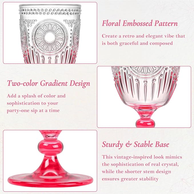 XUWAIDSGN 24Pcs Plastic Vintage Wine Glasses 13.5oz Reusable Embossed Goblet - Image 6