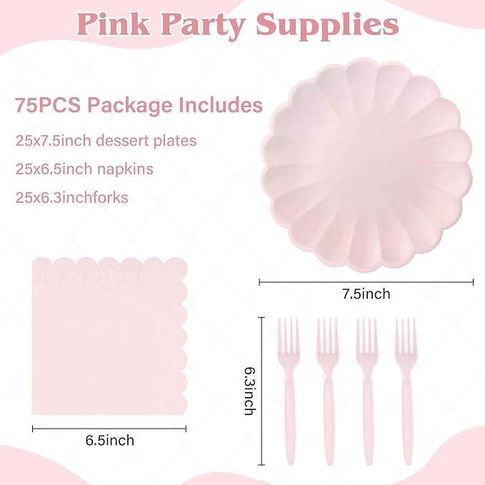 75 Pcs Pink Paper Plates and Napkins Disposable Tableware Set Include Light - Image 2