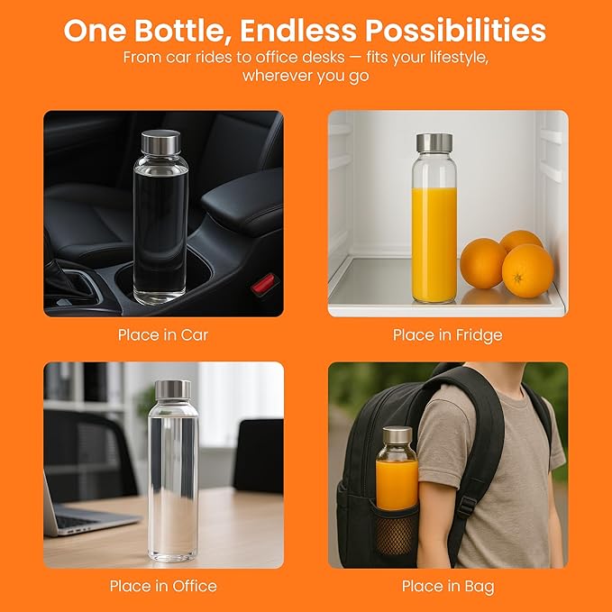 Epica Clear Glass Bottles with Lids, 17.5 oz Water Bottles, and Store Juices - Image 2