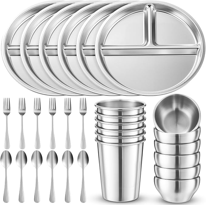 Jinei 30 Pcs Stainless Steel Dishes Set 6 Stainless Steel Plates, 6 Bowls by Jinei