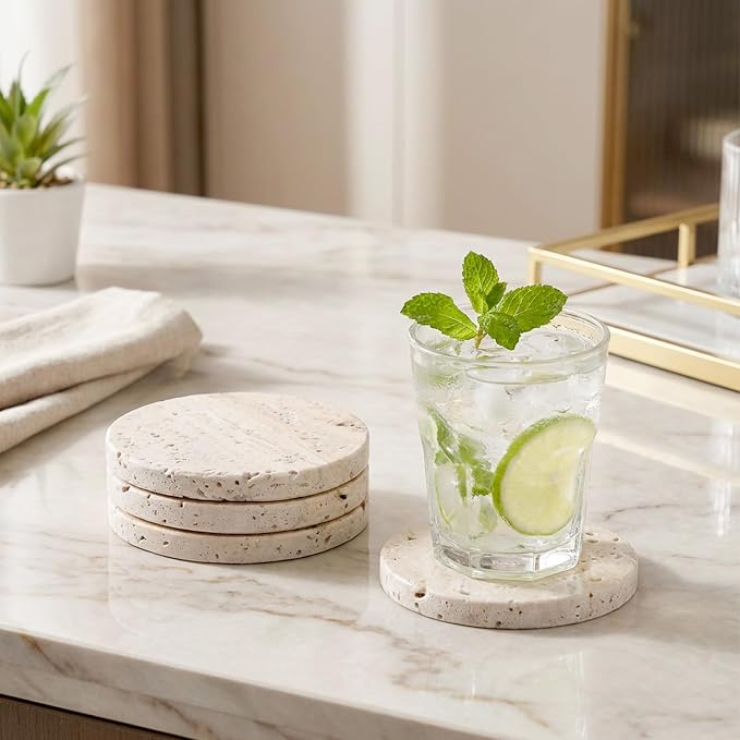 Travertine Coasters Set of 4, Marble Absorbent Coaster - Image 5