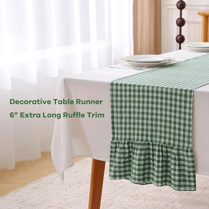 Christmas Green White Plaid Gingham Ruffle Table Runner 108 inches Long 100% - Image 3