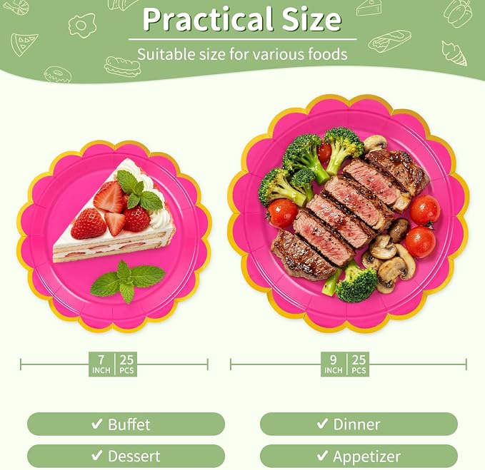 50 Pcs Hot Pink Paper Plates Disposable, Dessert Cake Plates, - Image 2