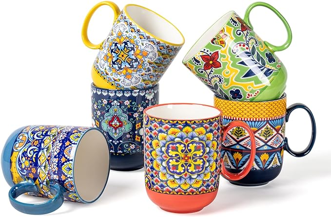 HENXFEN LEAD Boho Ceramic Coffee Mugs Set of 6, 14 oz | Assorted Patterns by HENXFENLEAD