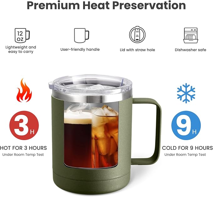 MEWAY 12oz Coffee Mug With Handle and Sliding Lid, Stainless Steel Travel - Image 3