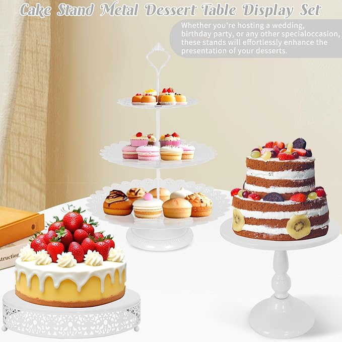 Fivenl 8 Pcs Cake Stand White Metal Dessert Table Display Set, 3-Tier Cupcake - Image 4