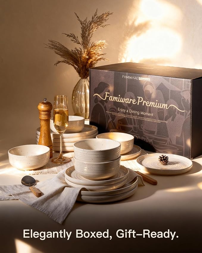 Stoneware Dinnerware Sets for 6, Reactive Glaze Plates & Bowls, Shell Beige | - Image 8