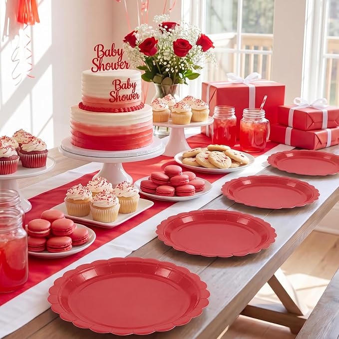 NatNarr 30 Pcs Red Paper Plates 9" Disposable Scalloped Red Party Plates | Cute - Image 5