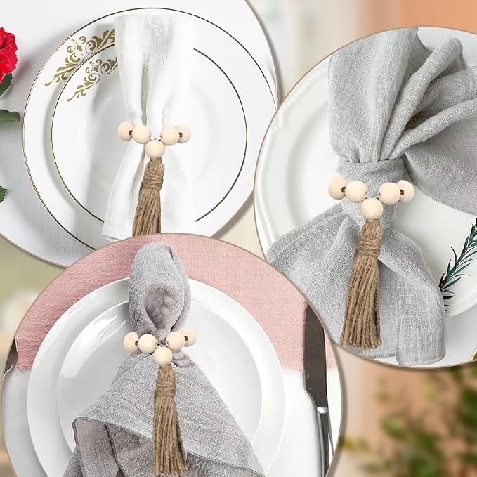 Wooden Bead Napkin Rings Set of 6, Farmhouse Stretchable Napkin Rings - Image 4
